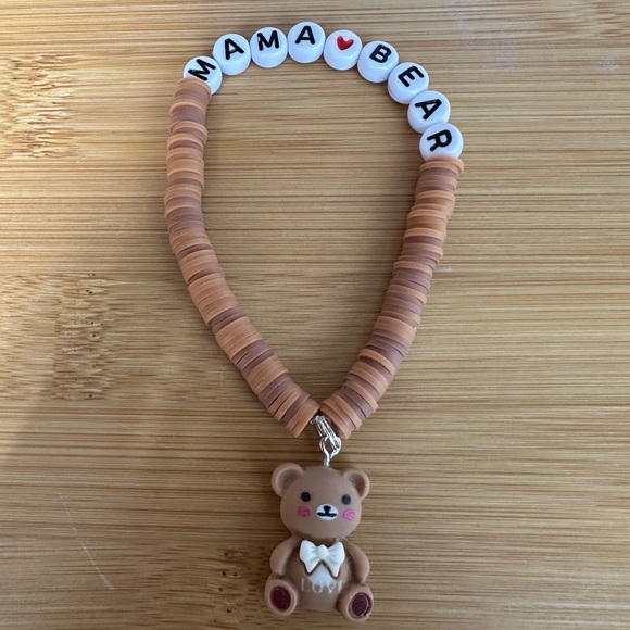 Handmade Jewelry - Mama Bear Stretch Polymer Clay Bracelet with Bear Charm - Brown